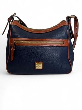 Dooney & Bourke Pebble Grain Small Presley Navy Leather Crossbody w Brown Trim